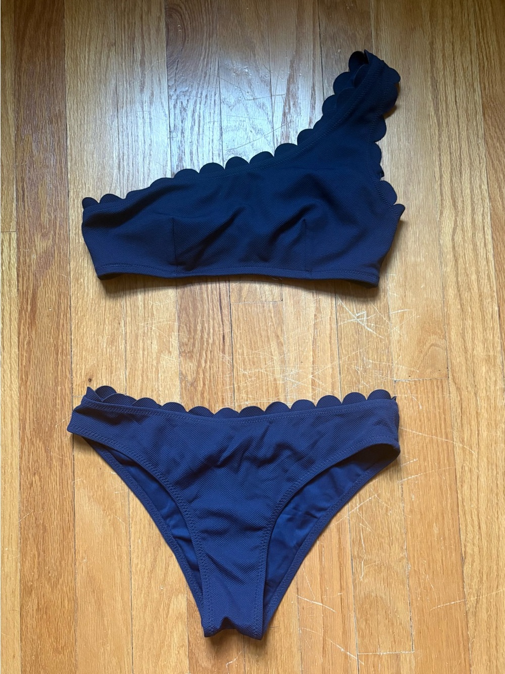 One-Shoulder Scallop Edge Bikini Set - Navy